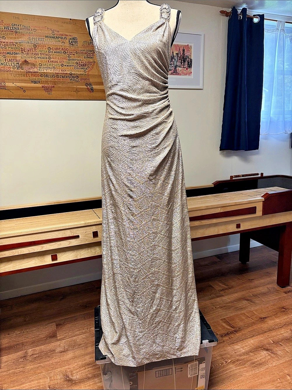Calvin Klein Ruched Embellished Maxi Dress in Gold Size 8 Like New